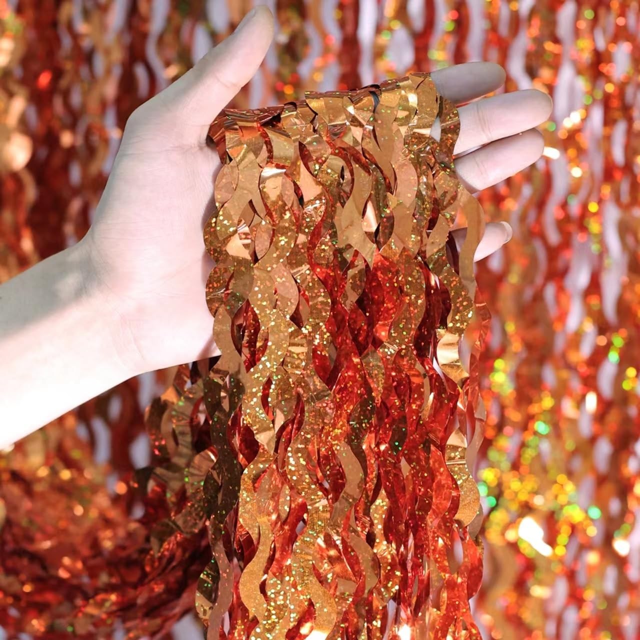 Wavy Orange Foil Fringe Backdrop Curtains 3.3x6.6ft Tinsel Streamers 4 PCS