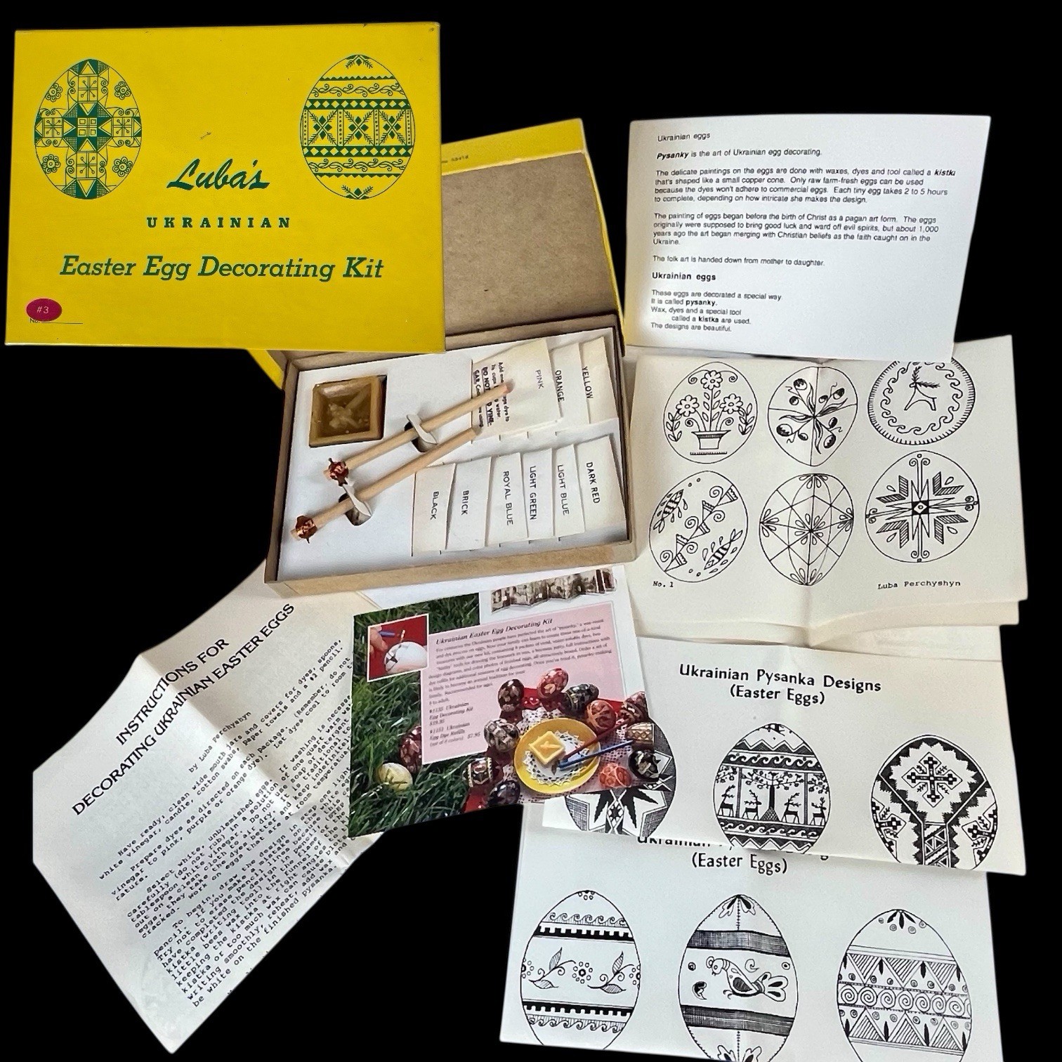 Vtg Luba’s Ukrainian Pysanky Easter Egg Decorating Kit Wax Kistky Dyes Complete