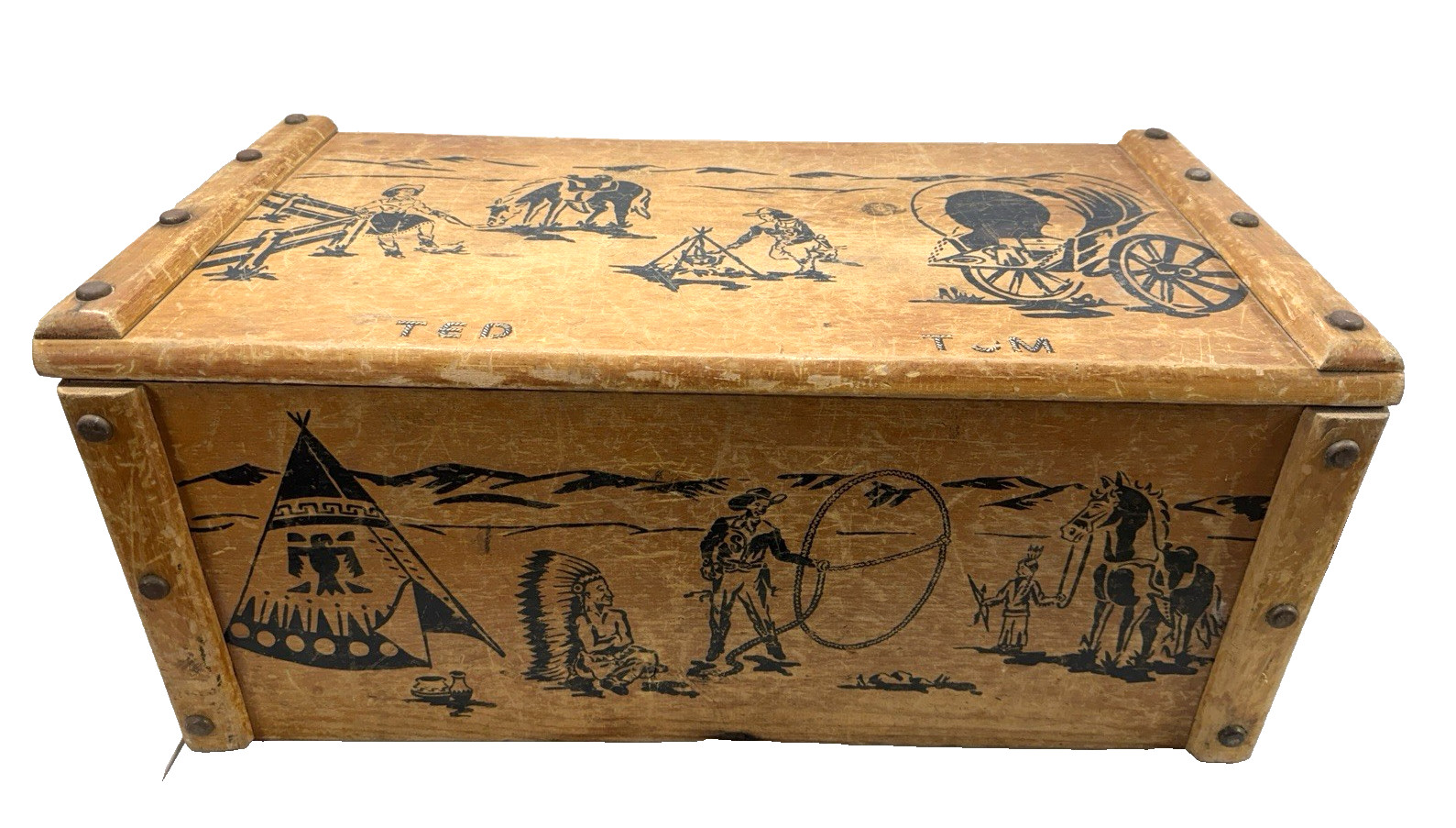 Vintage STRAND Western Cowboy  Themed Wooden Toy Chest ~ 30 x 16 x 13.5”