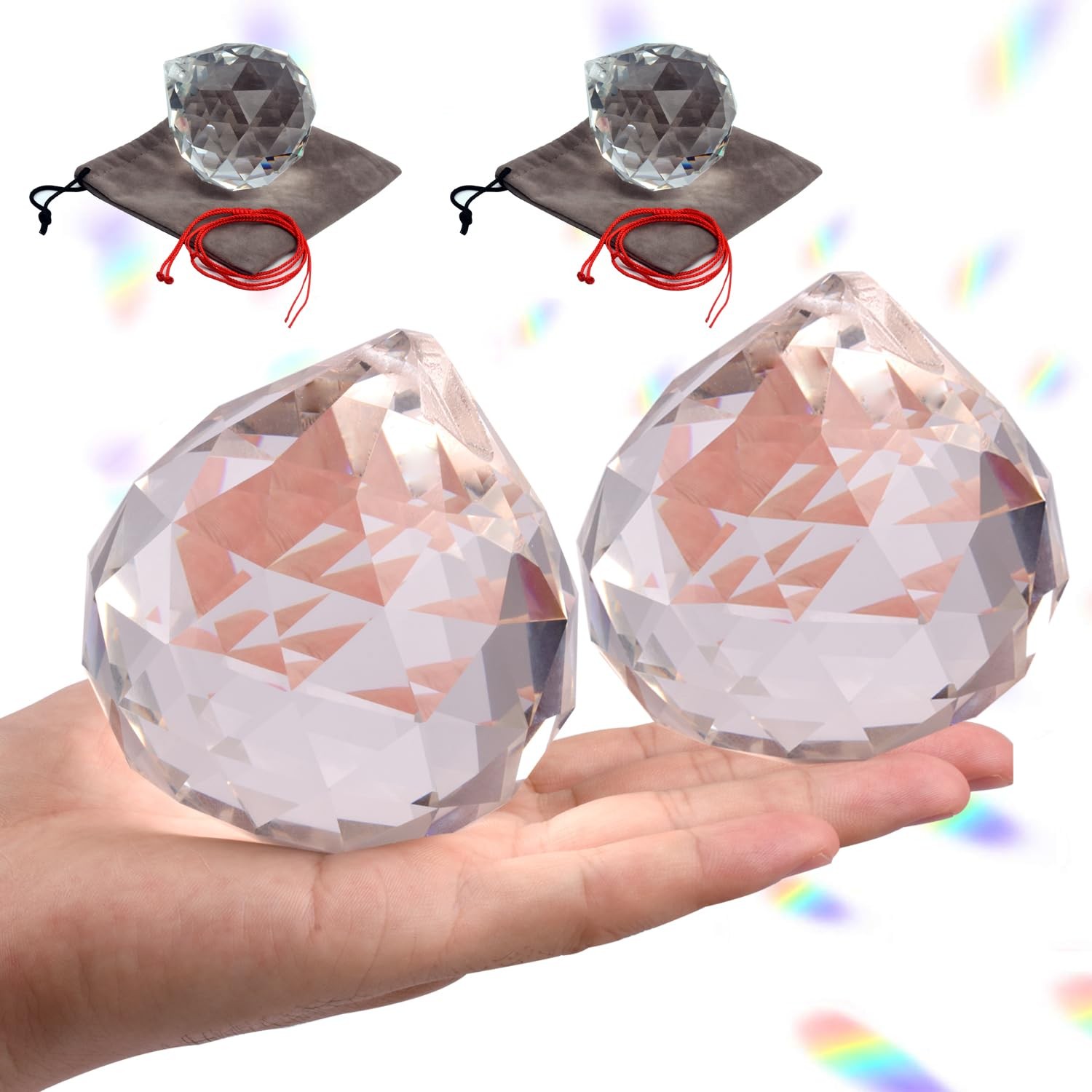 2 Pcs 80mm Clear Cut Crystal Prisms Suncatcher, Hanging Rainbow Pendant