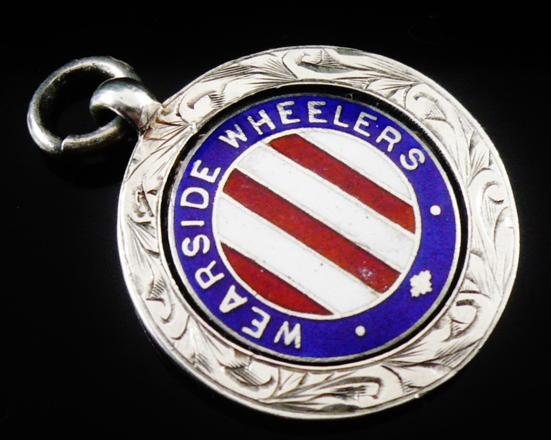 Sterling Silver Enamel Pocket Watch Fob Medal. Wearside Wheelers Cycling 1951
