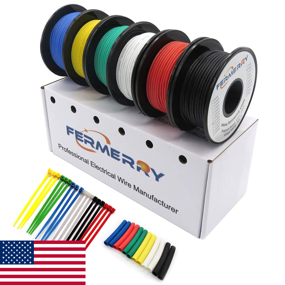 Fermerry 22 AWG Stranded Wire Spool 100ft 6 Colors Flexible Silicone Hook Up Wir