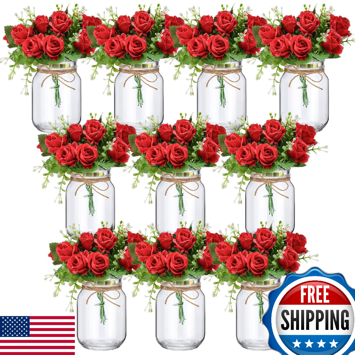 XunYee 10 Set Mason Jar Table Centerpiece with Flower - DIY Decor, Red Rose 17oz