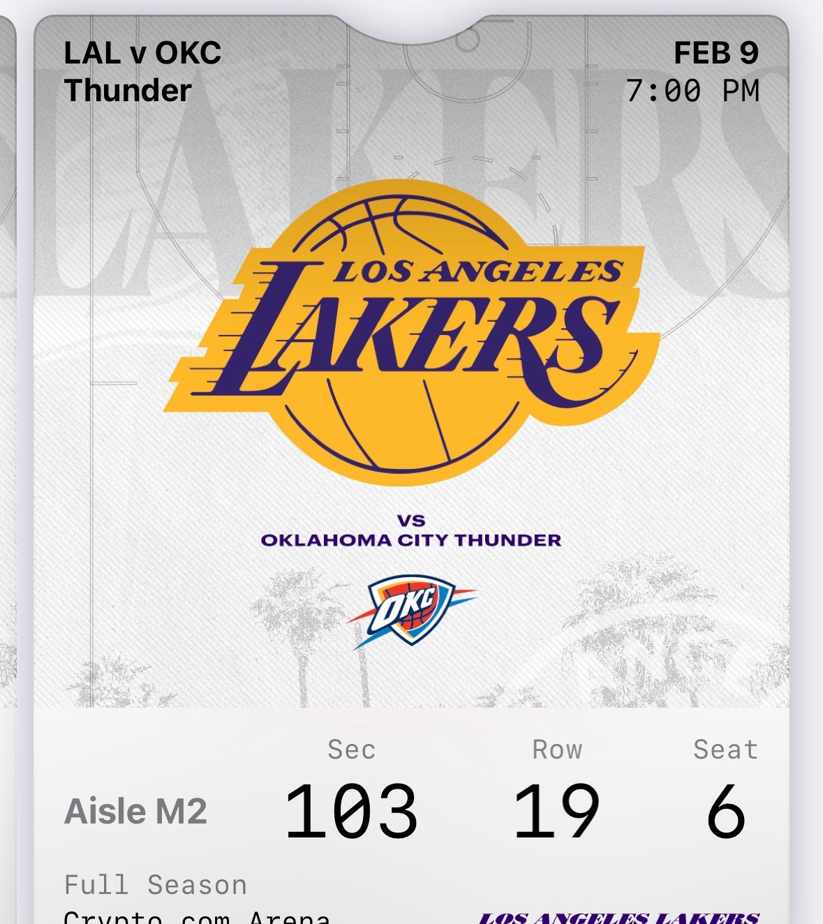 LA Lakers vs Oklahoma Thunder ￼Sec 103 Row 19 Seats 5&6  Feb 9  2 Tickets