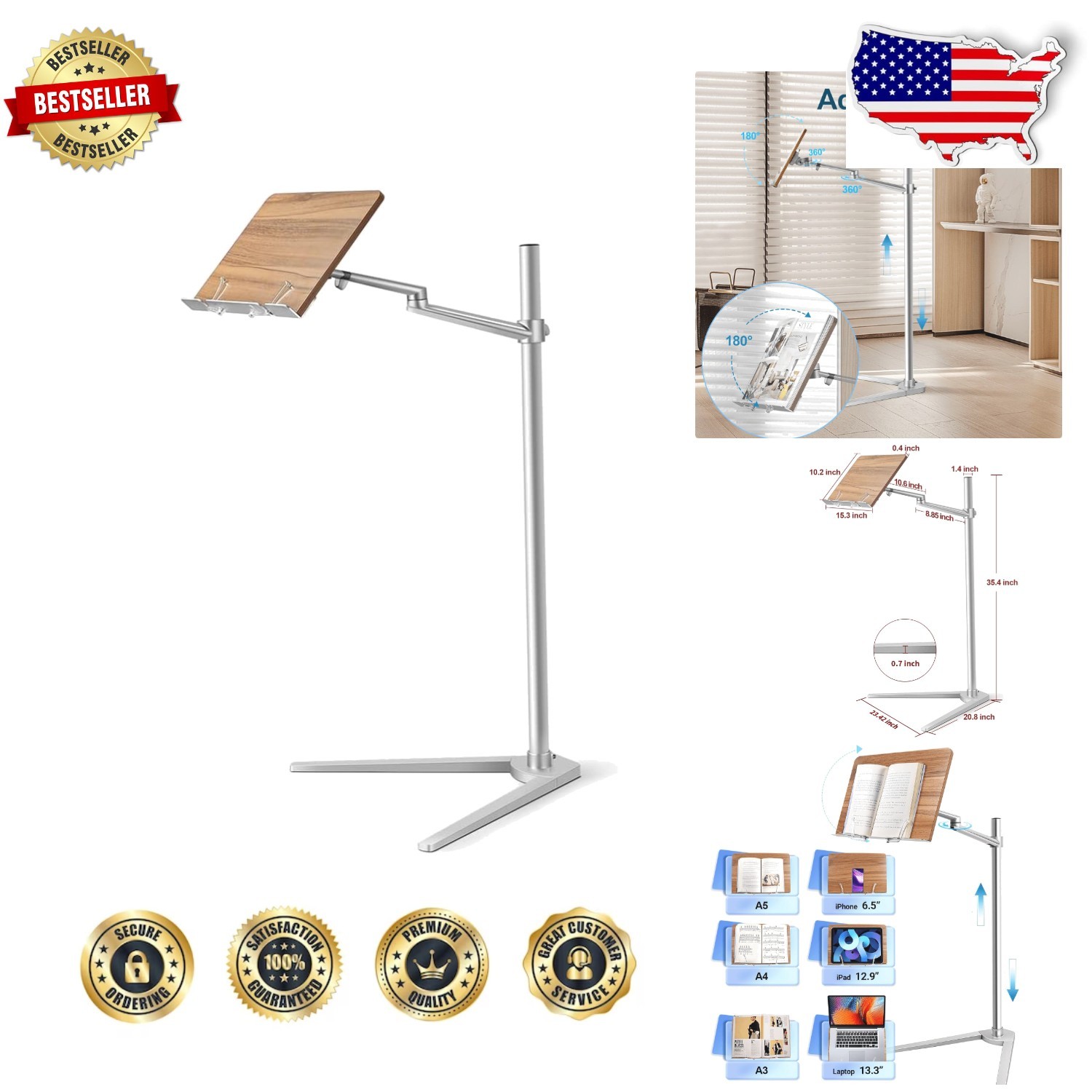 Deluxe Book Stand for Reading, Modern Style, Wood & Aluminum, Hands-Free