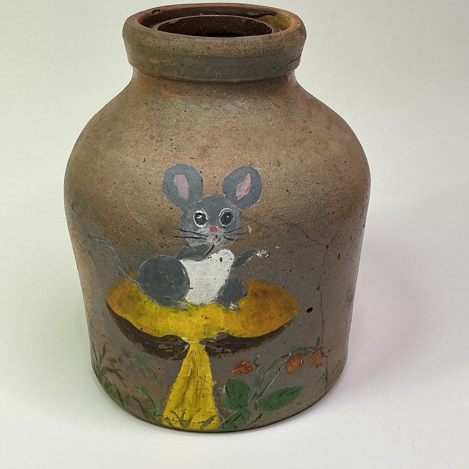 Antique Handpainted Stoneware Crock Jar Mouse On Mushroom Rustic Decor Signed