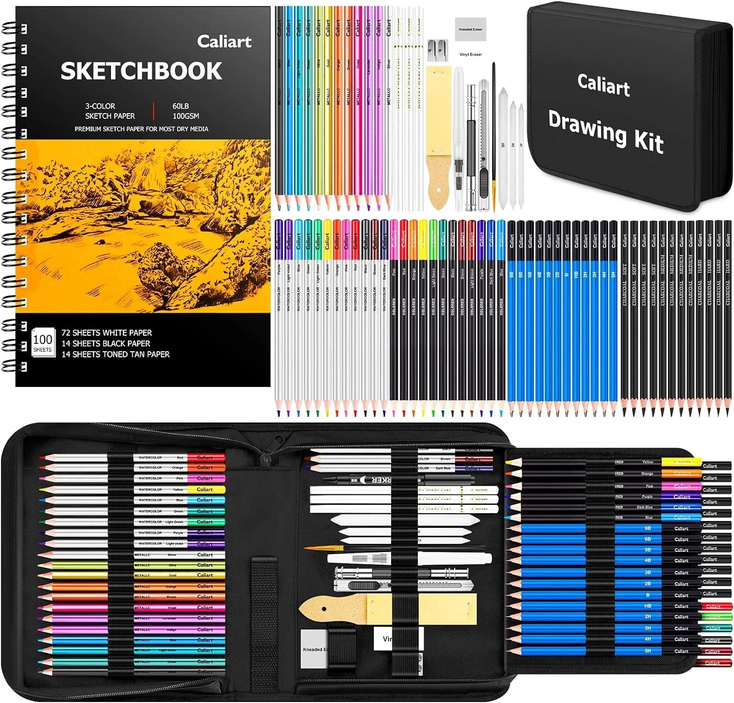 Caliart 176PCS Art Supplies Sketching Kit with 100 Sheets 3-Color Sketch Book, G