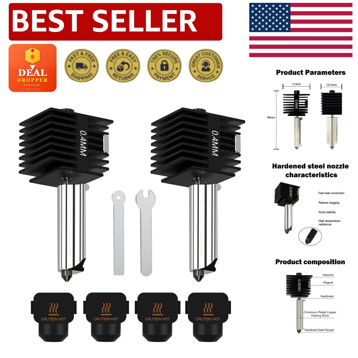 2-Pack High-Temp 0.4MM Hardened Steel Nozzle Kit for A1 Mini 3D Printers