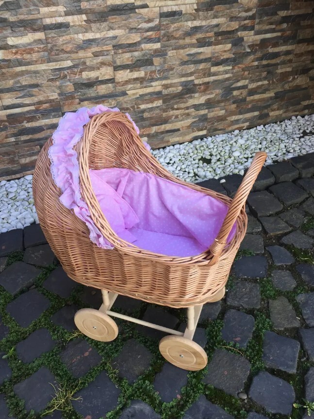 Wicker doll stroller purple polka dot lined wicker baby carriage baby stroller