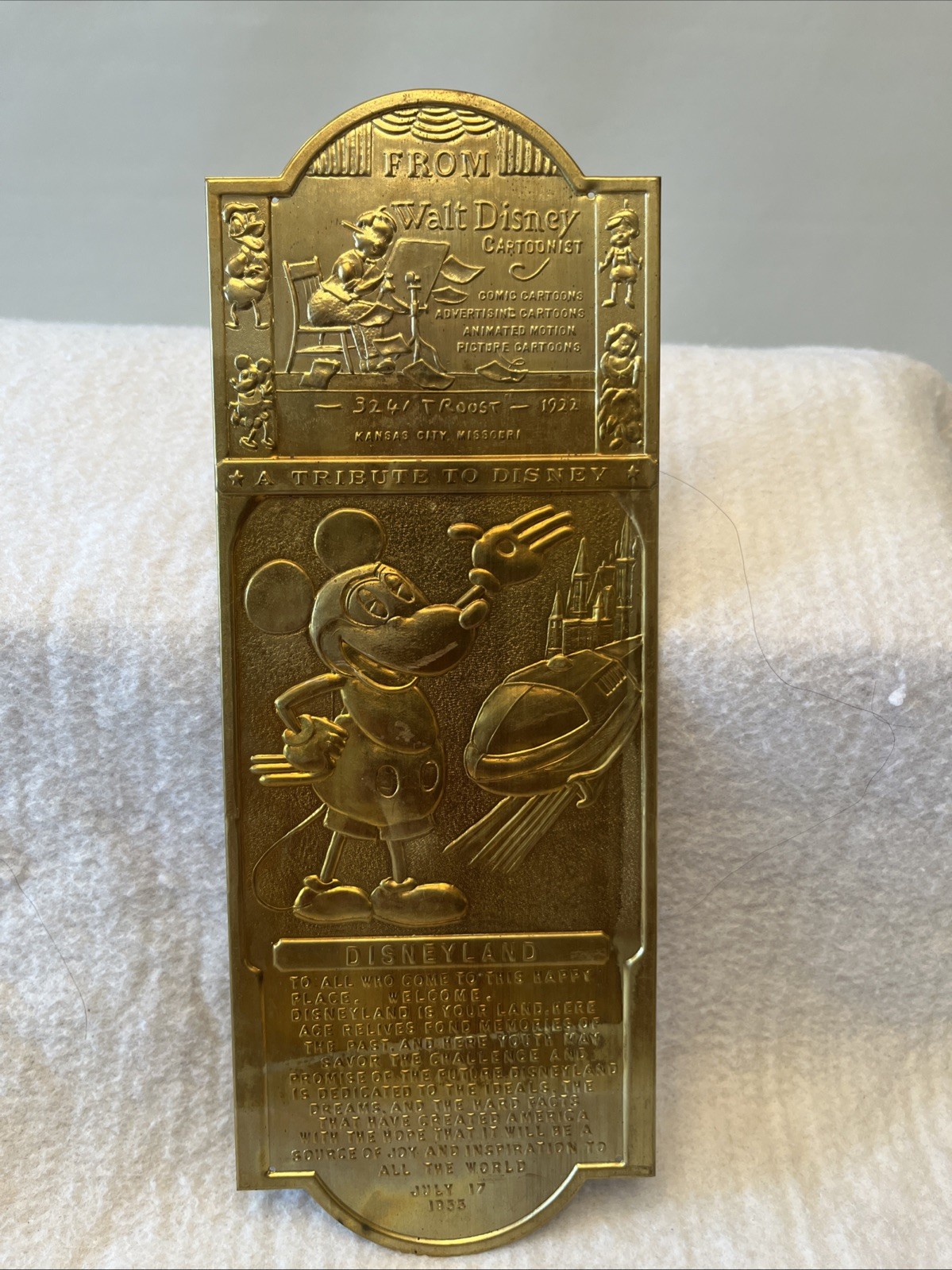 Vintage Disneyland Opening Day Mickey Mouse Brass Tribute Plaque Disney