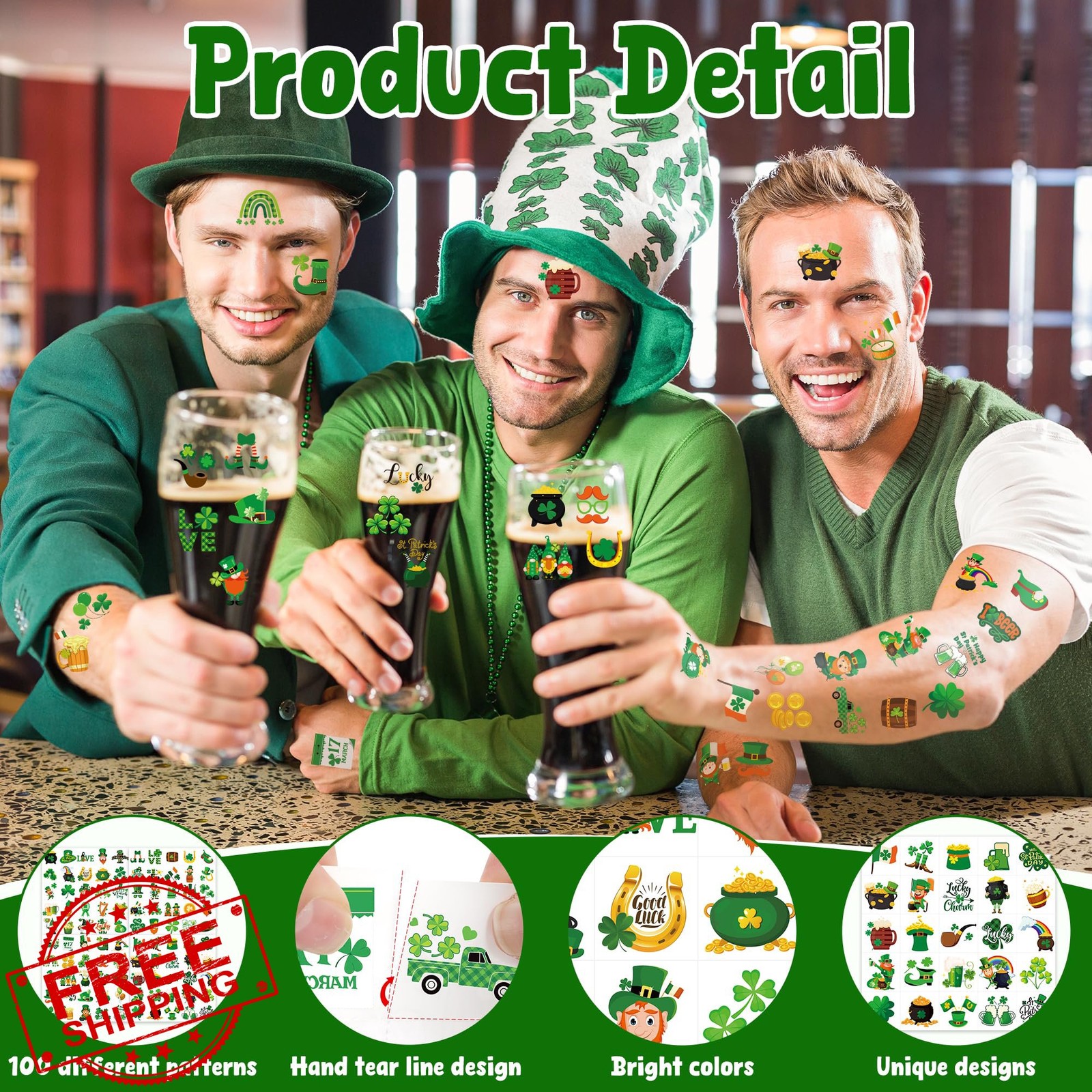 100pc St. Patrick's Day Tattoos Irish Clover Temporary Party Favors