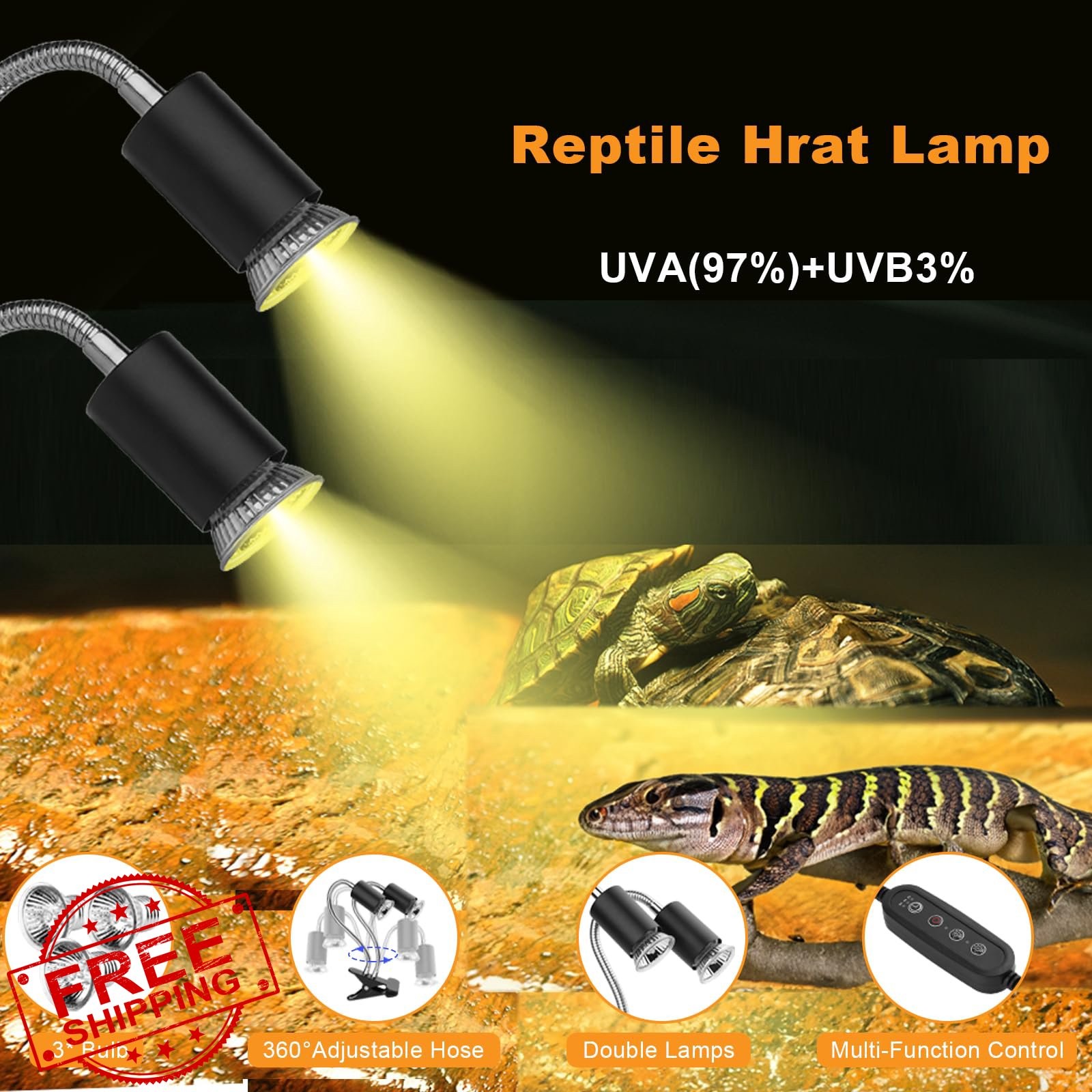 ZJNBMTFY Reptile Heat Lamp Double Head UVA/B Turtle Basking