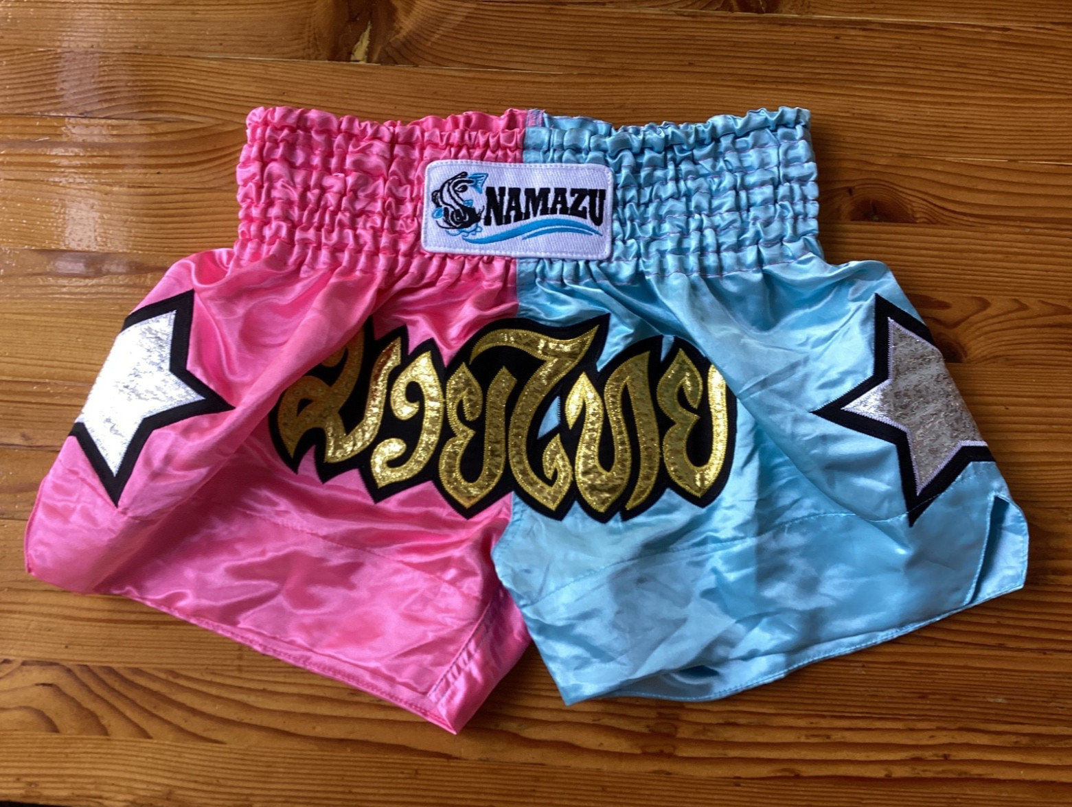 NAMAZU Muay Thai Boxing Shorts XL Pink Blue Satin Martial Arts Gym Trunks MMA