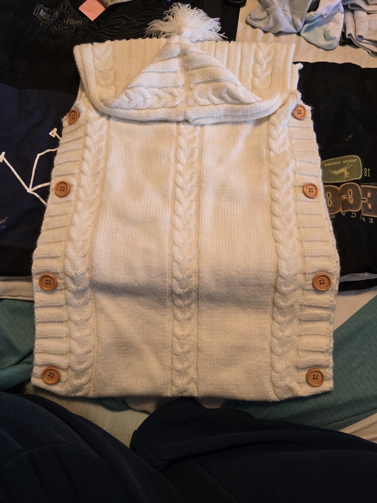 Cable Knit Cozy White Side Button Bunting with Hood