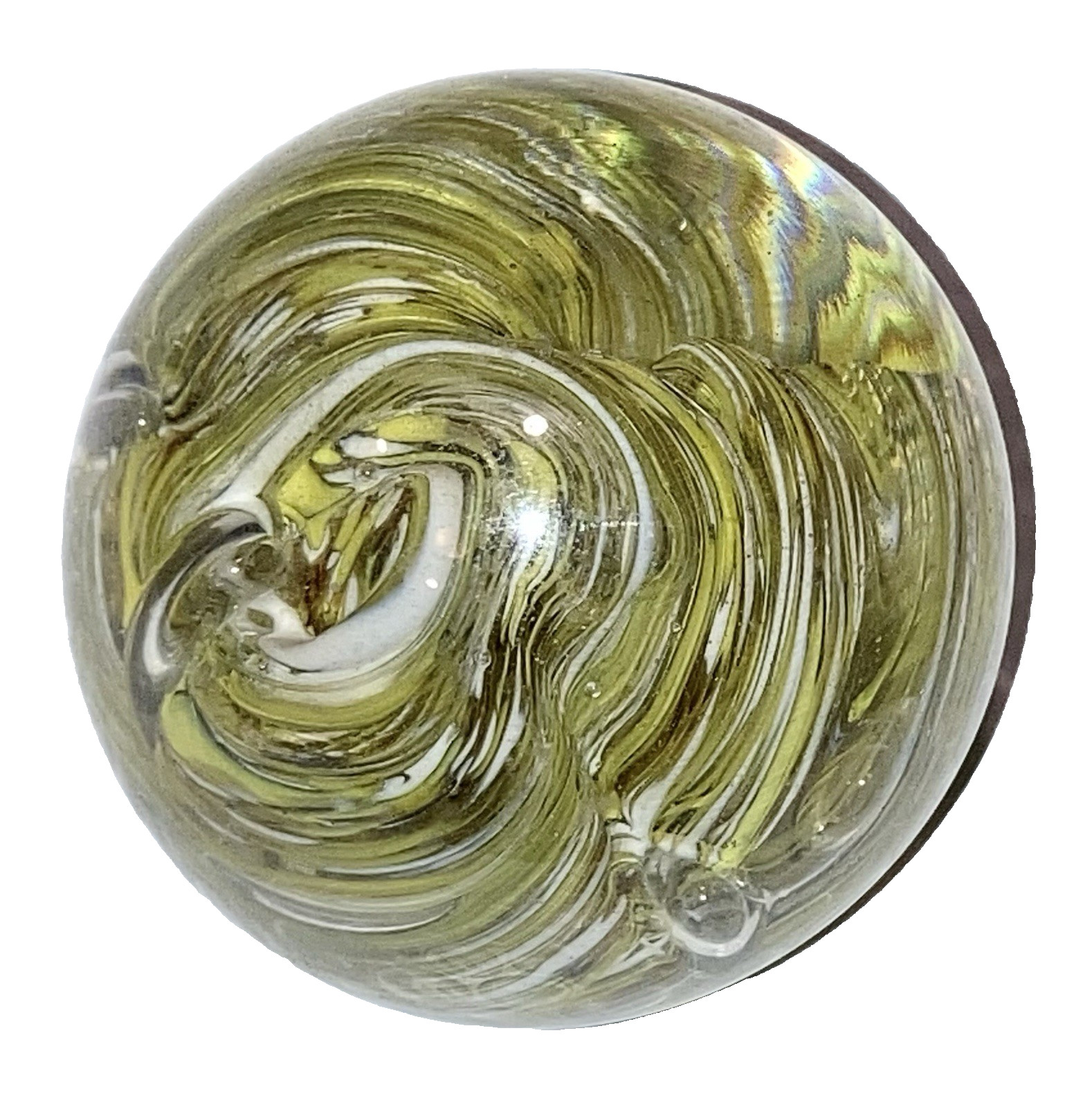 metal ornate leaf tripod stand holding flat bottom Blown Glass Crystal sphere