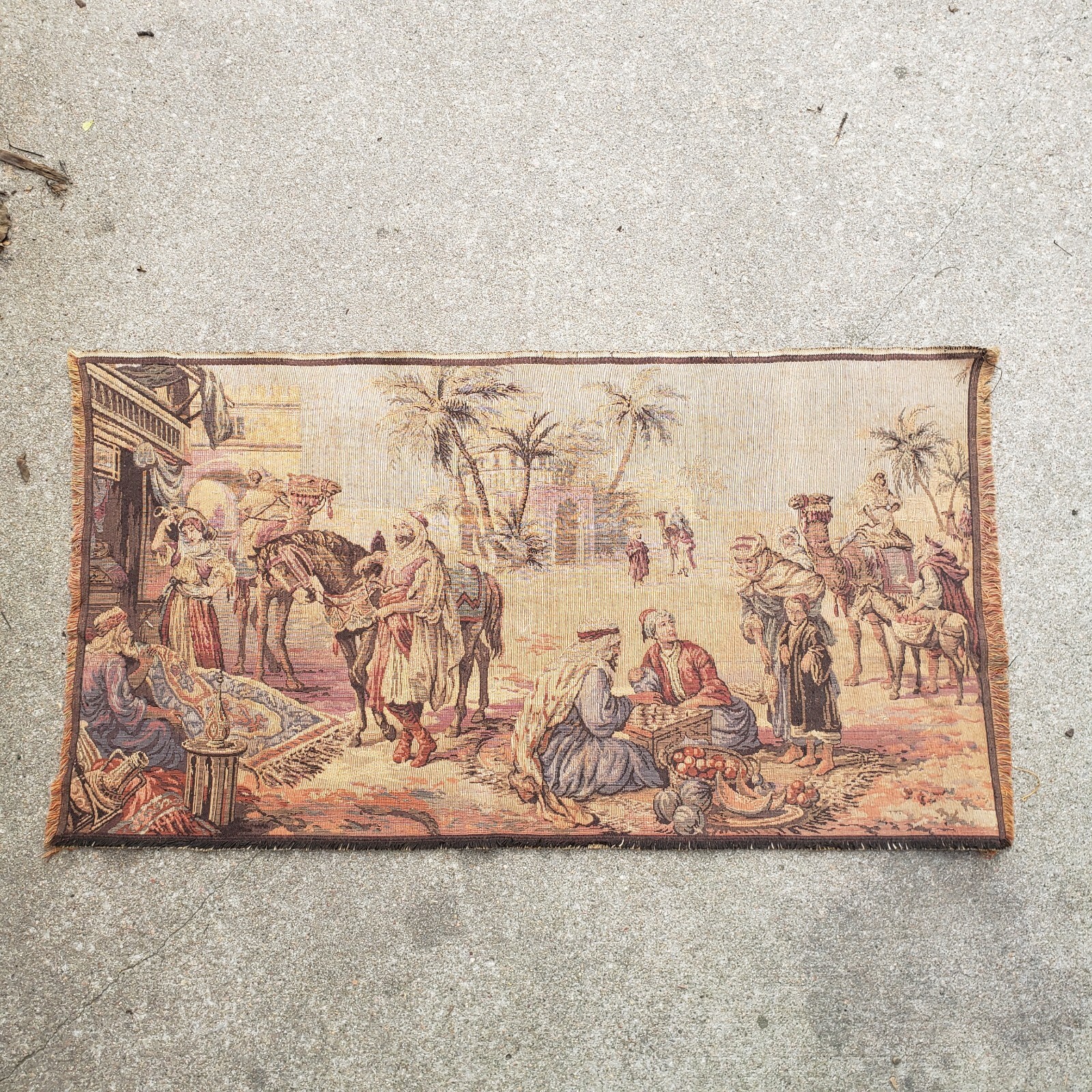 Vintage Arabian Middle Eastern Scene Market Tapestry Made In Belgium 19x36"