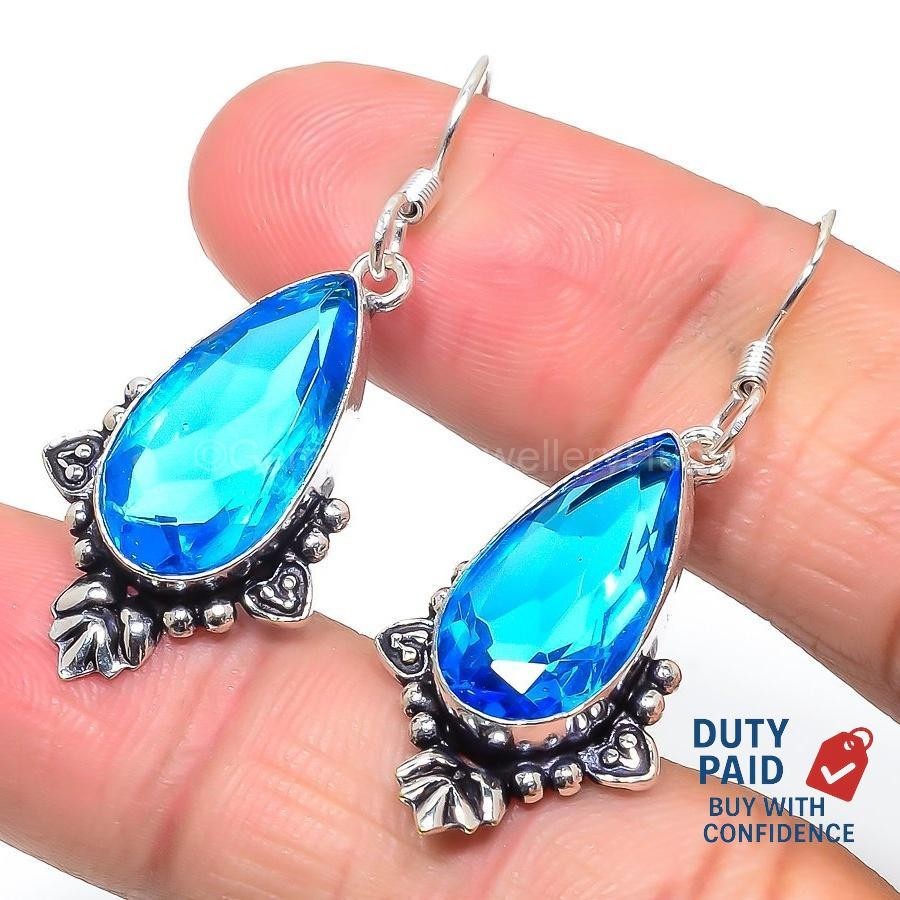 Natural Blue Topaz Channel Set Wedding Handmade Drop Sister Earrings 925 Silver