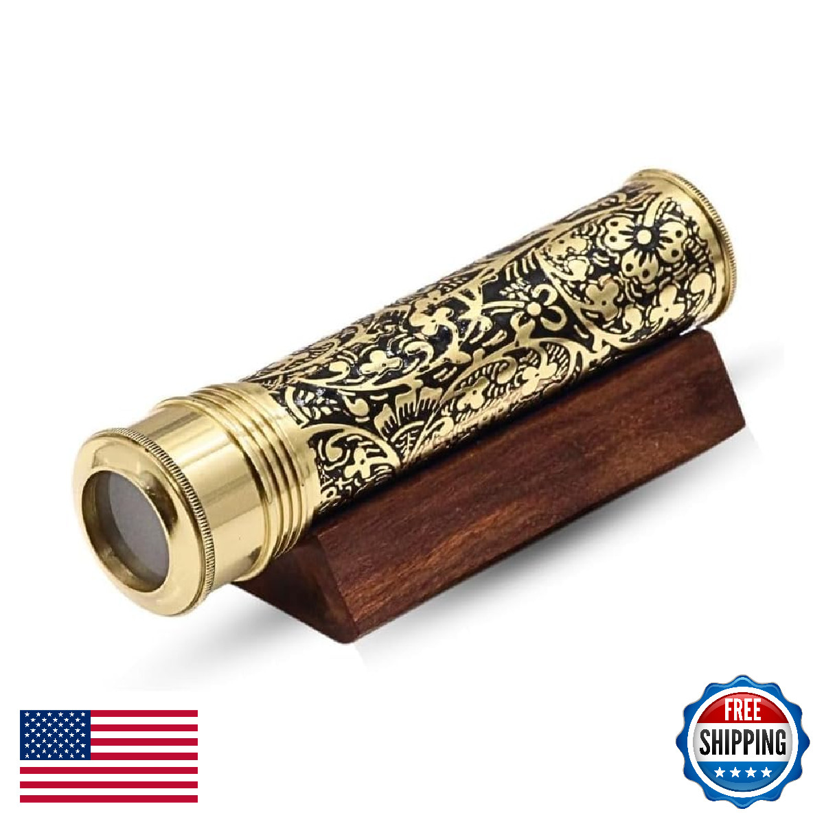 Handmade Kaleidoscope, Etched Brass w/ Three-Mirror System, Lampwork Glass