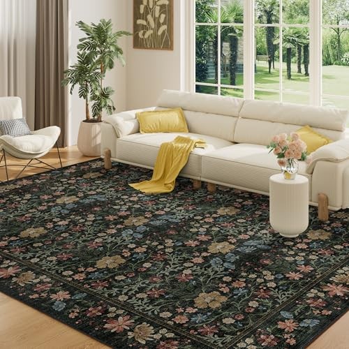  6x9 Rugs for Living Room, Vintage Washable Rug with Non Slip Backing, Floral 