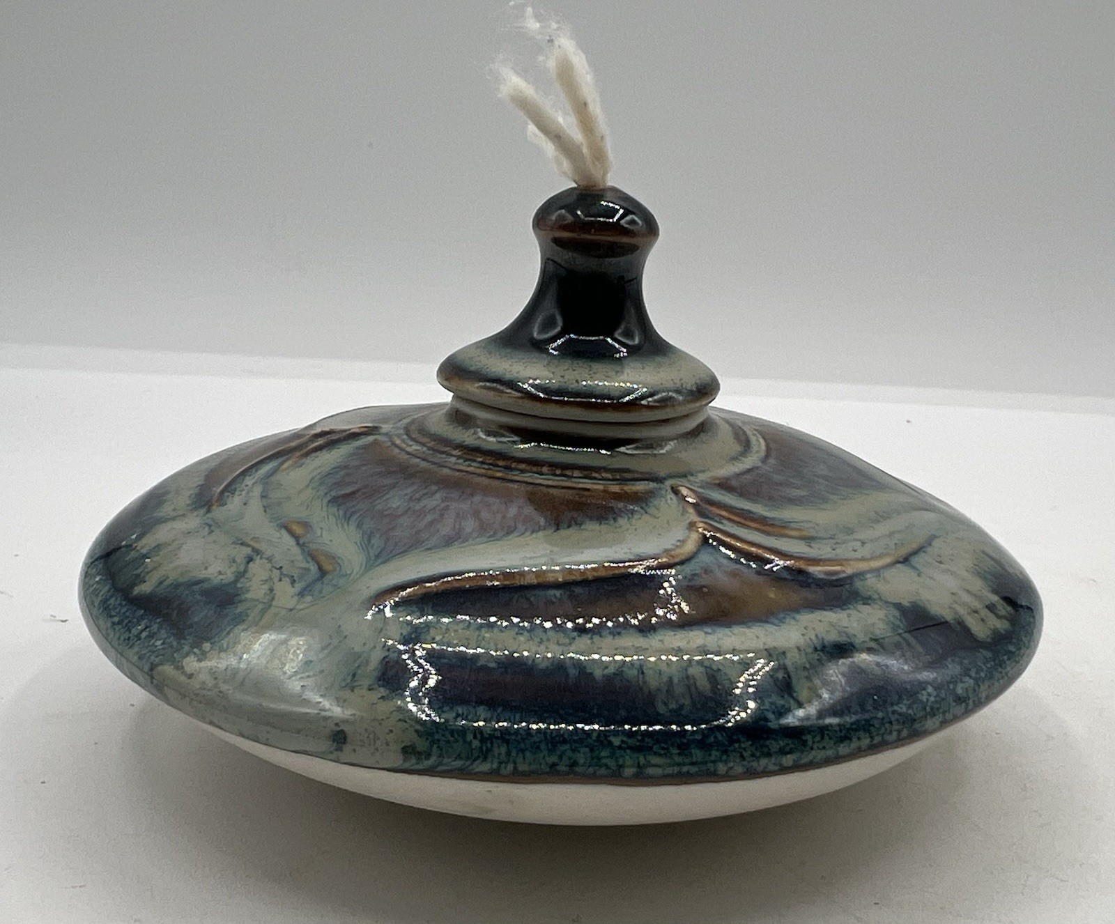 Bill Campbell Studio Art Pottery Oil Lamp Brown Blue Cream Drip Glaze Signed