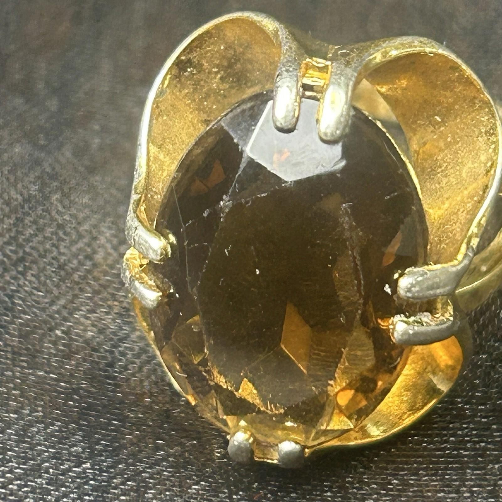 Retro Large Orange Stone Ring Yellow Gold Tone Statement Piece Costume Jewelry 7