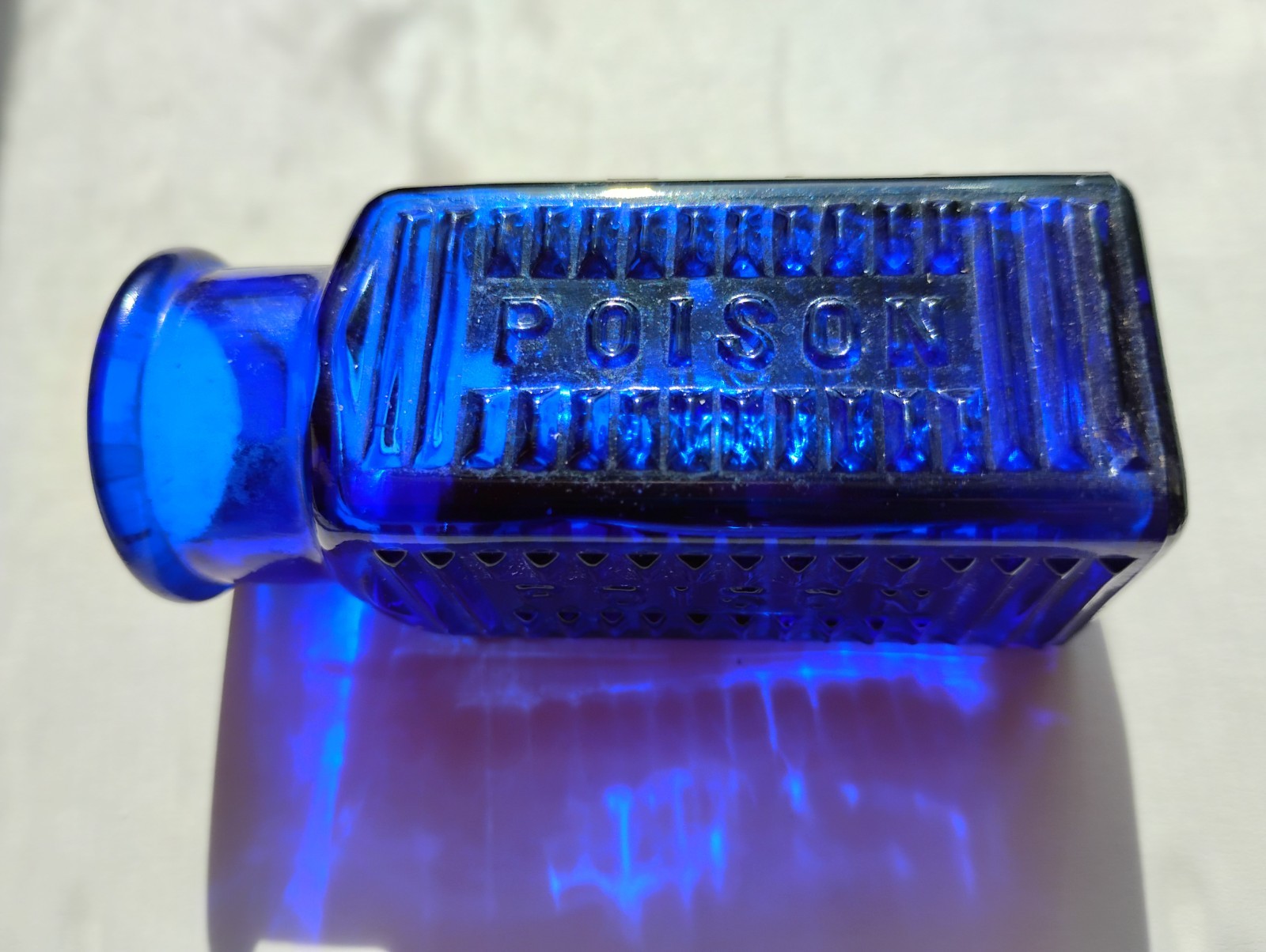 Early Cobalt Blue Poison Embossed Apothecary Bottle Antique