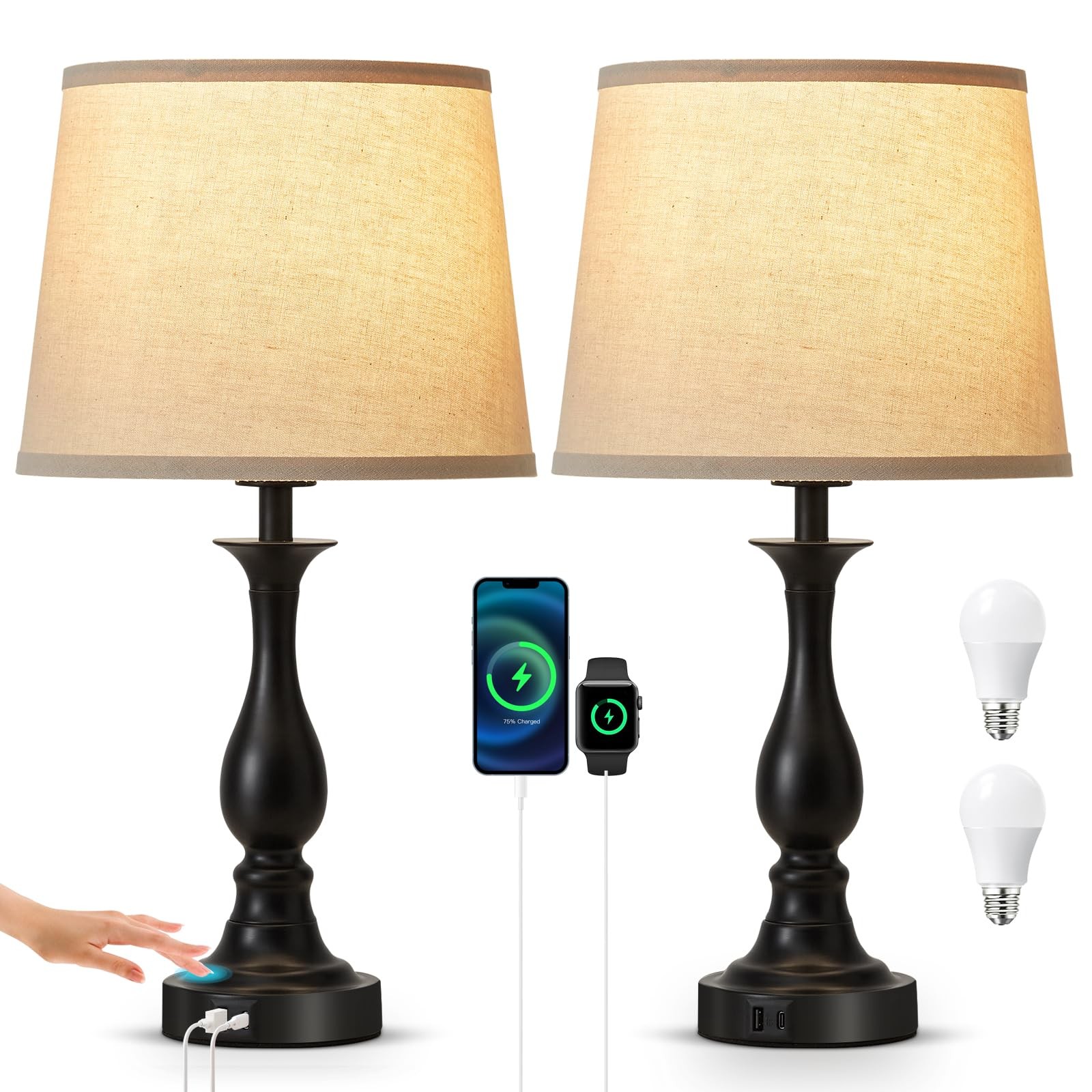 Bedside Table Lamp Touch Control USB A and C charging Standard Black