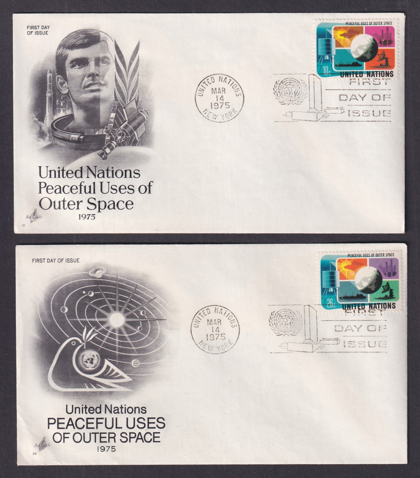 UNITED NATIONS 1975 First Day Cover FDC Peaceful Uses of Outer Space