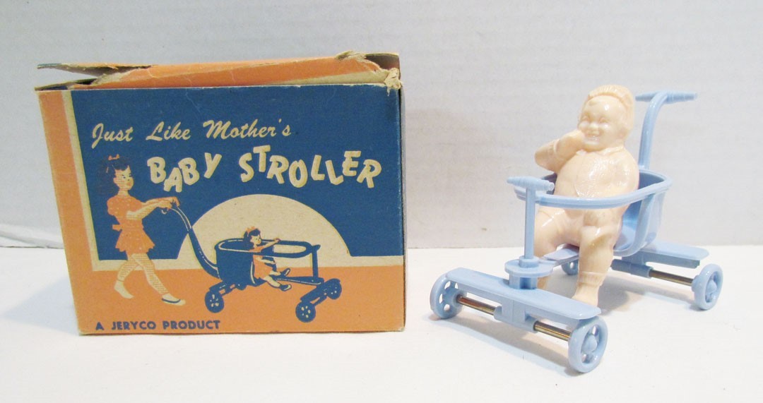 JERYCO JUST LIKE MOTHER'S BABY STROLLER W/ BABY & BOX 1950's HARD PLASTIC TOY
