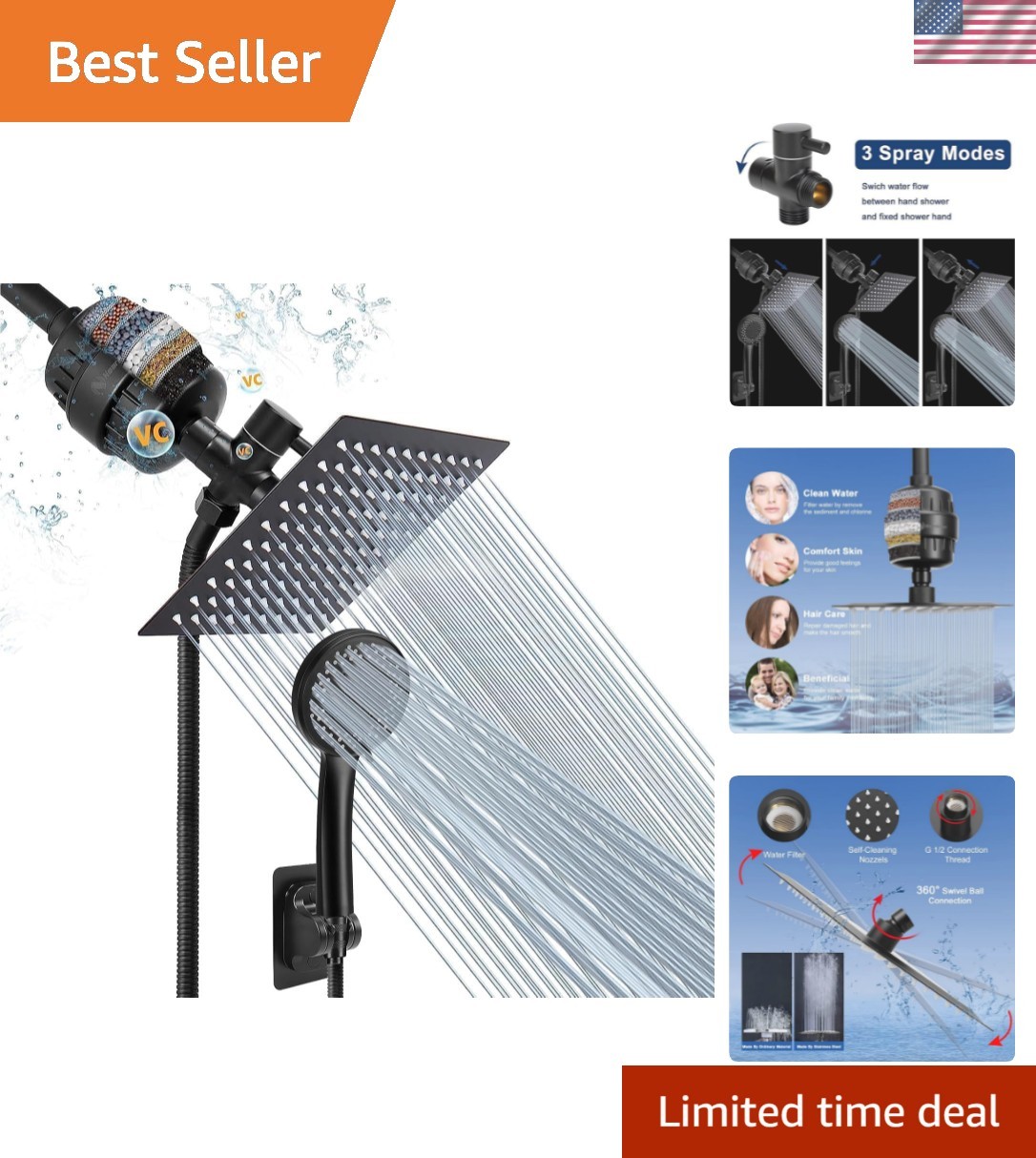 Filtered Rain Shower Head, High Pressure 8″Square, and 5 settings Handheld Sh...