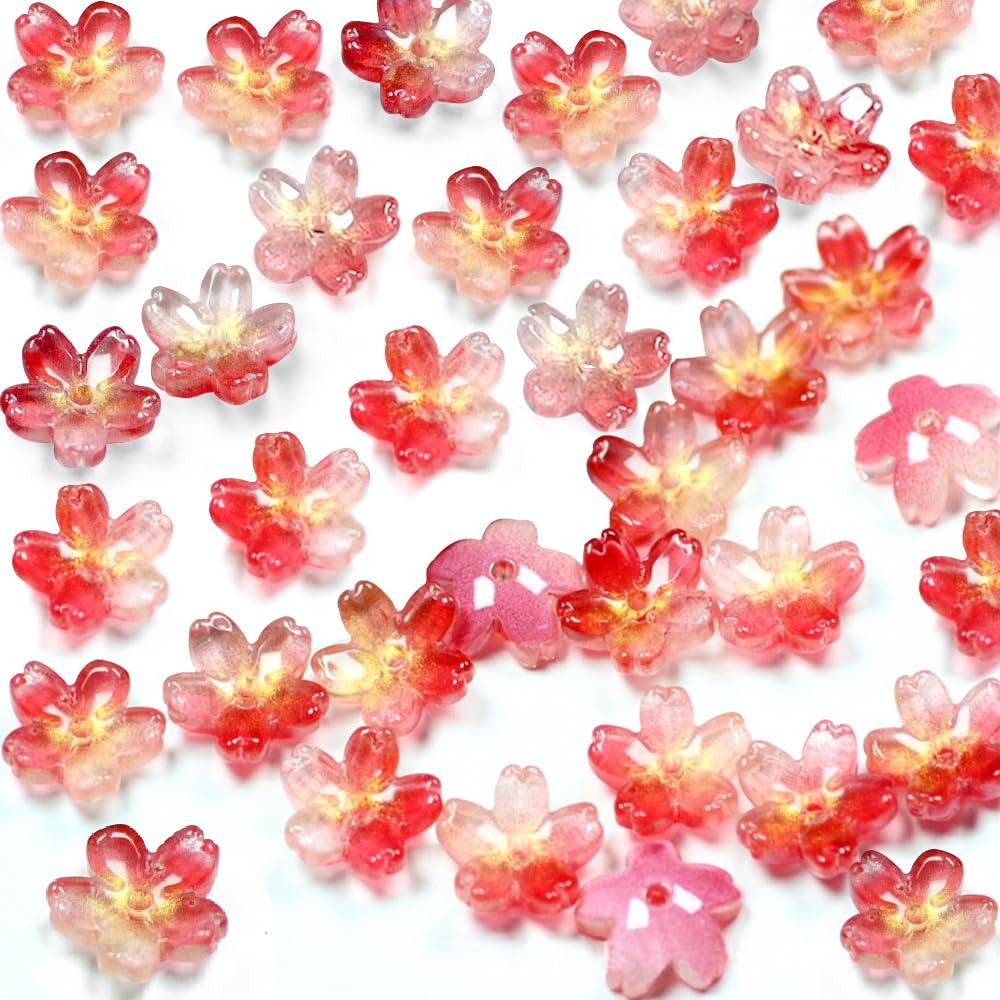 50pcs Flower Beads - 0.4in Cherry Blossom Glass Small, Reddish-Gold 