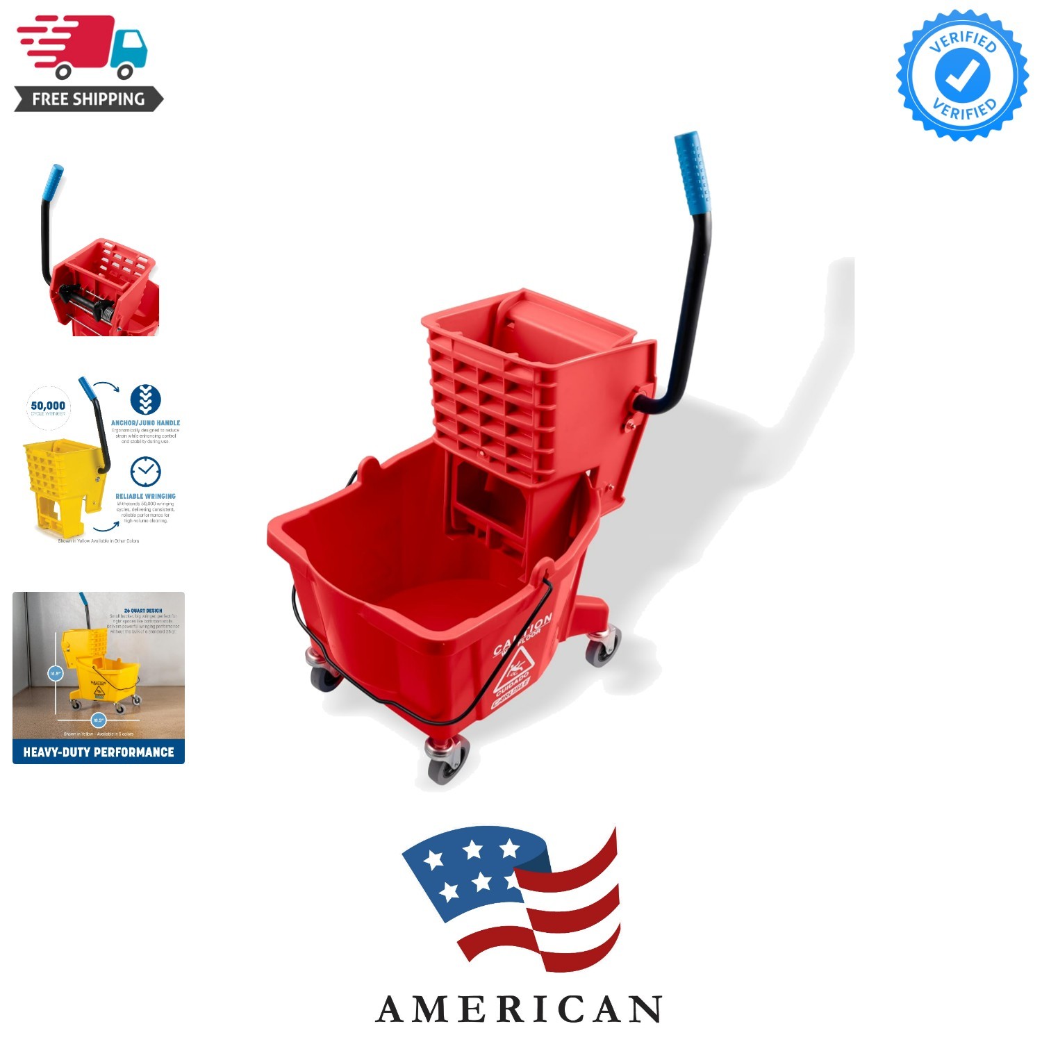 26-Quart Commercial Mop Bucket with Side-Press Wringer, Precision-Molded Poly...