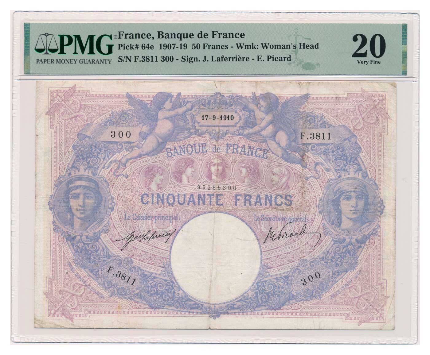 FRANCE banknote 50 Francs 17.9.1910 scarce date PMG VF 20 Very Fine