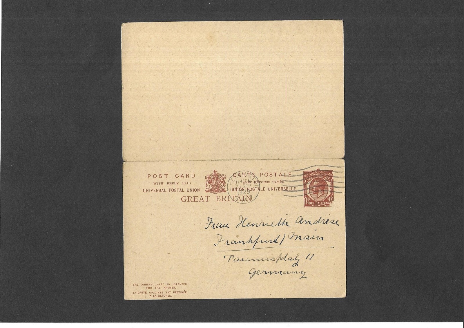 GB Stationery KGV 11/2d + 11/2d UPU Reply Postcard size f to Germany H&B CP84