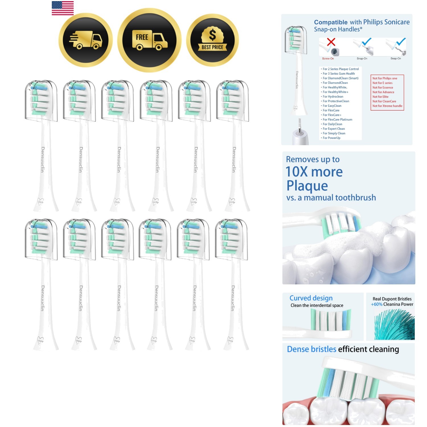 Toothbrush Replacement Heads for Philips Sonicare and More Click-on Handles 1...