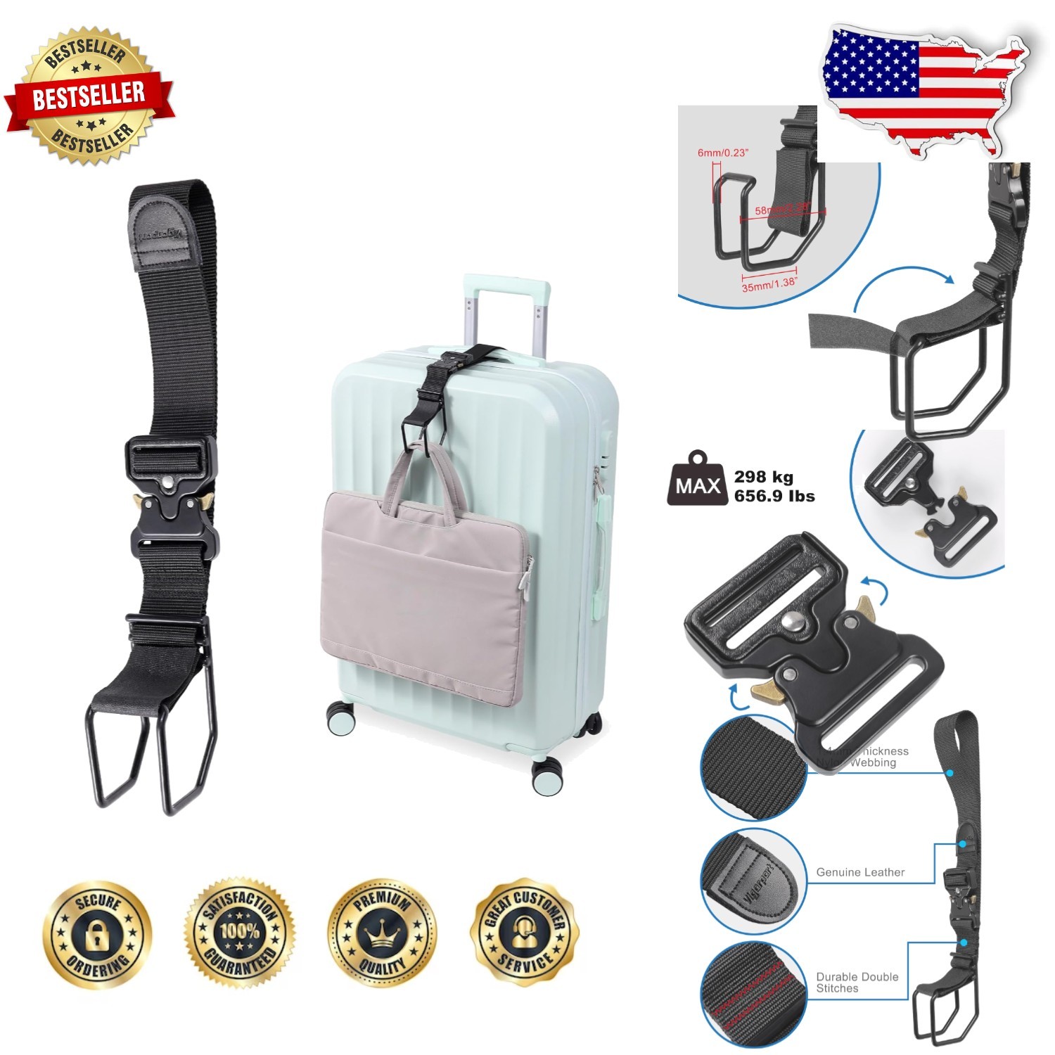 Heavy Duty Luggage Hook Strap, Large Metal Buckle, Hands-Free Travel Bag Carrier