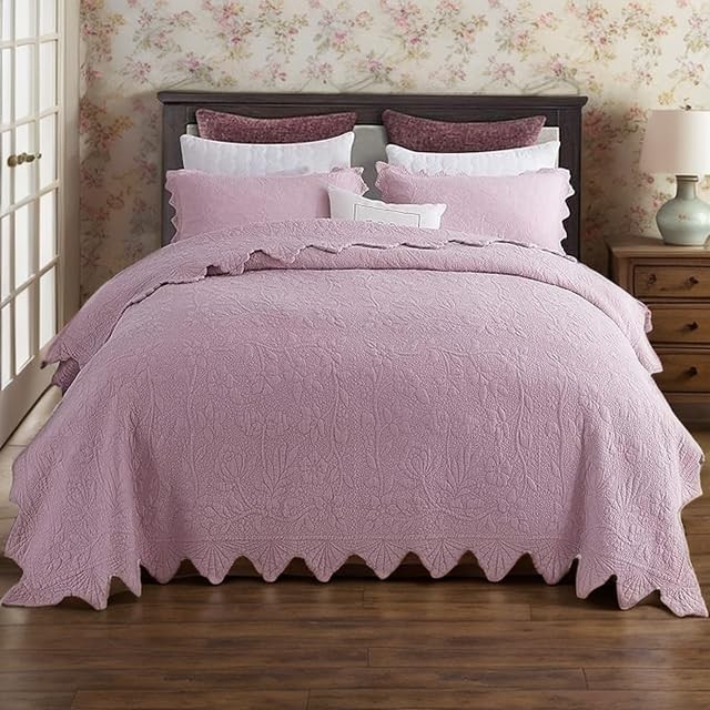  Queen Size Quilt Set Cotton Farmhouse Quilted Comforter Set Vintage Dusty Pink