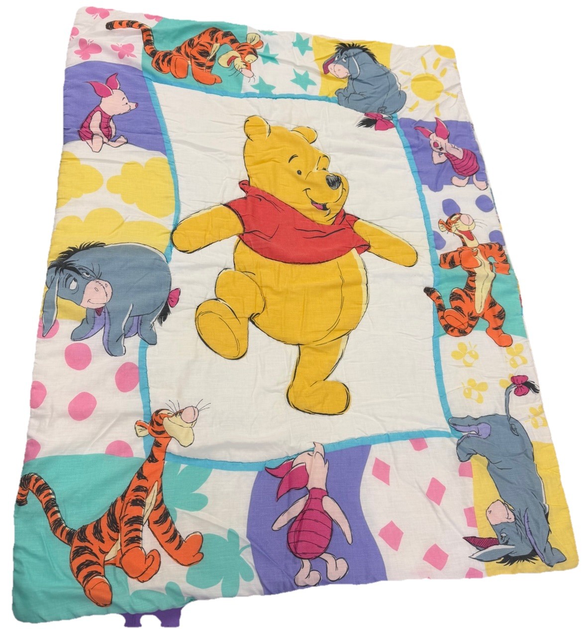 90’s VTG 90s Disney Winnie The Pooh Quilt Crib Blanket, (2) Fitted Crib Sheets