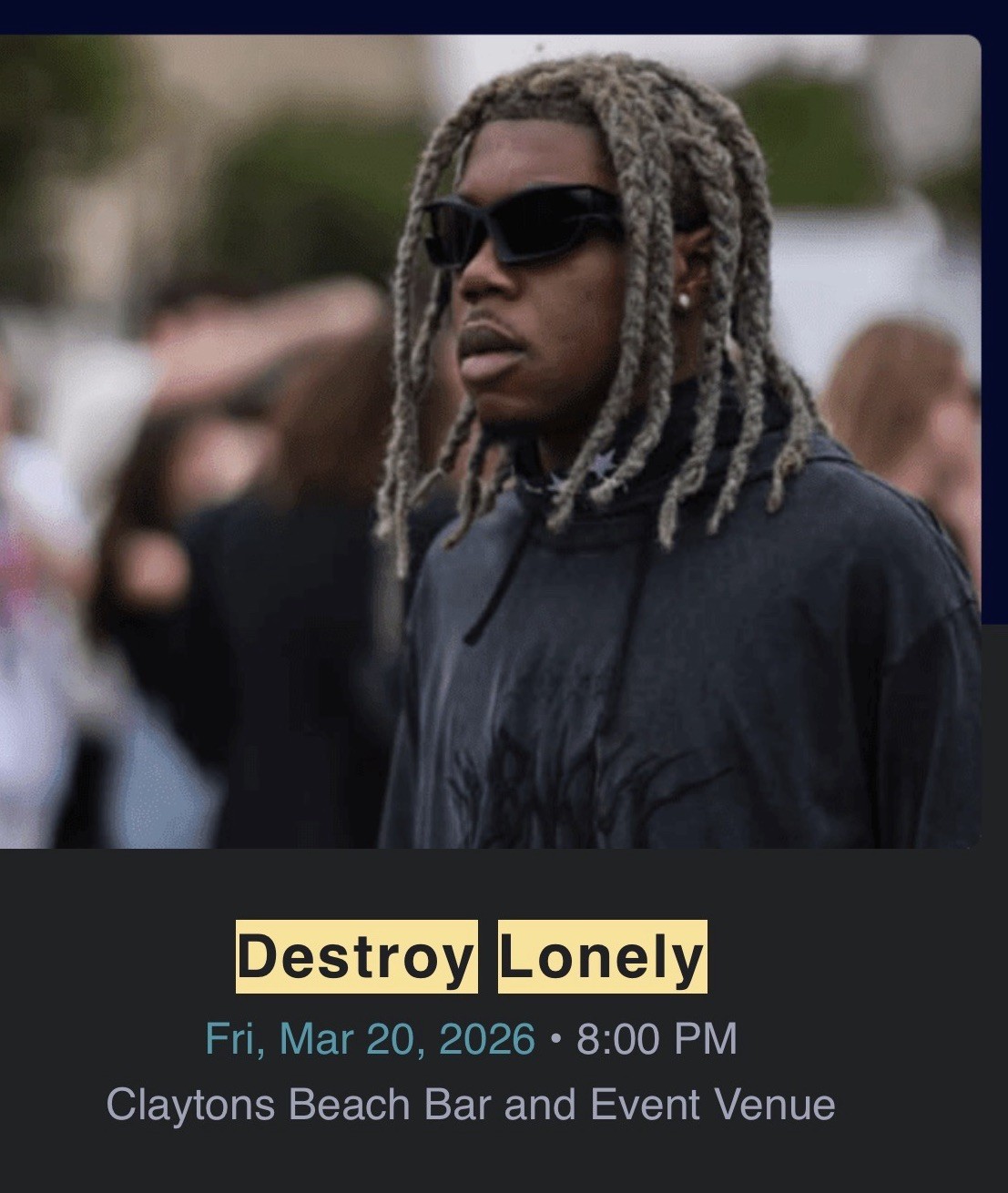VIP TICKET Destroy Lonely Concert Ticket Mar 20, 2026 8PM Claytons Beach Bar, TX