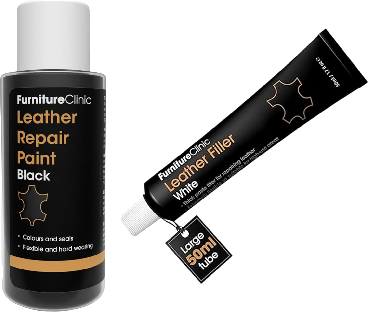 Furniture Clinic Black Leather Repair Paint (1.7Oz) + White Leather Filler (1.7O