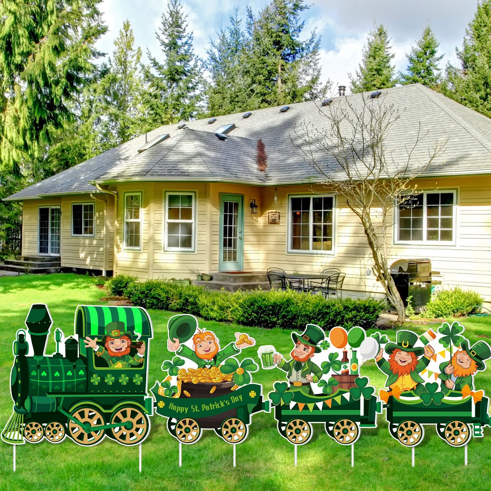 4 Pcs St. Patrick's Day Train Yard Sign Decorations Leprechaun Shamrock Train