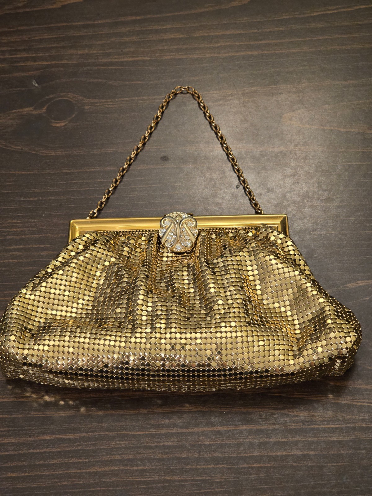 Whiting and Davis Gold-Toned Mesh Purse w/Rhinestone Clasp+ Mini Mirror
