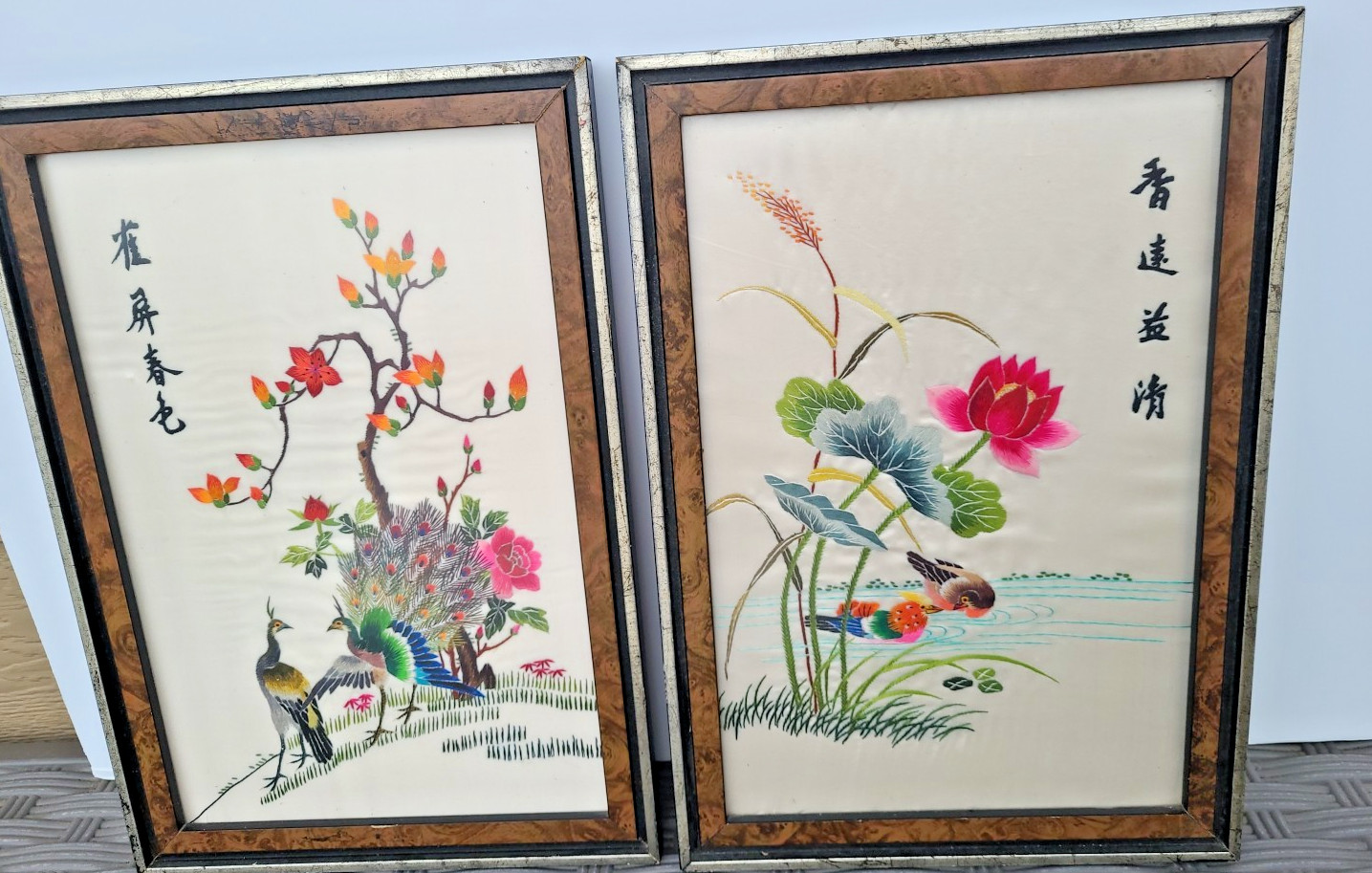 Lot 2 Vtg MCM Framed Pictures Embroidered Silk Asian Art Peacocks Handmade