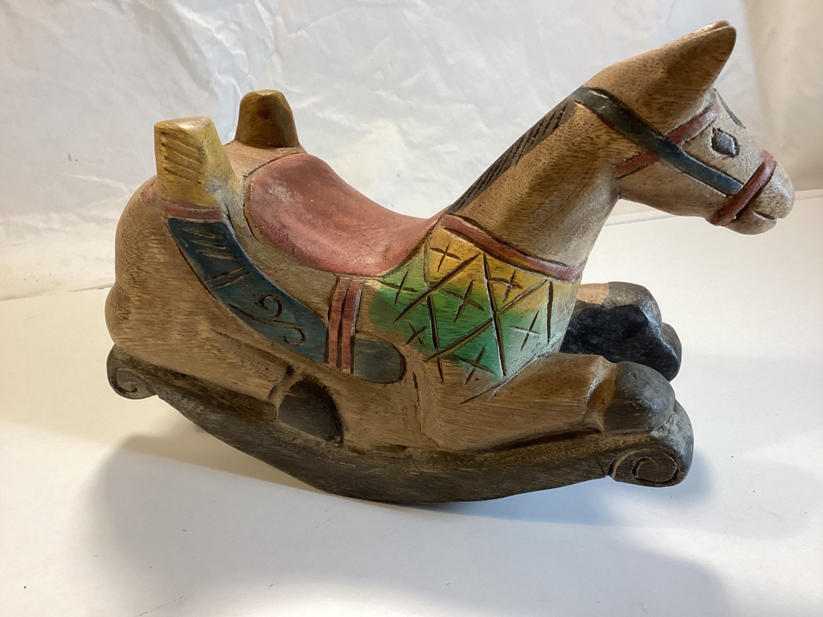 Vintage Hand Carved Wooden Rocking Horse Folk Art Toy Decor Rustic Primitive