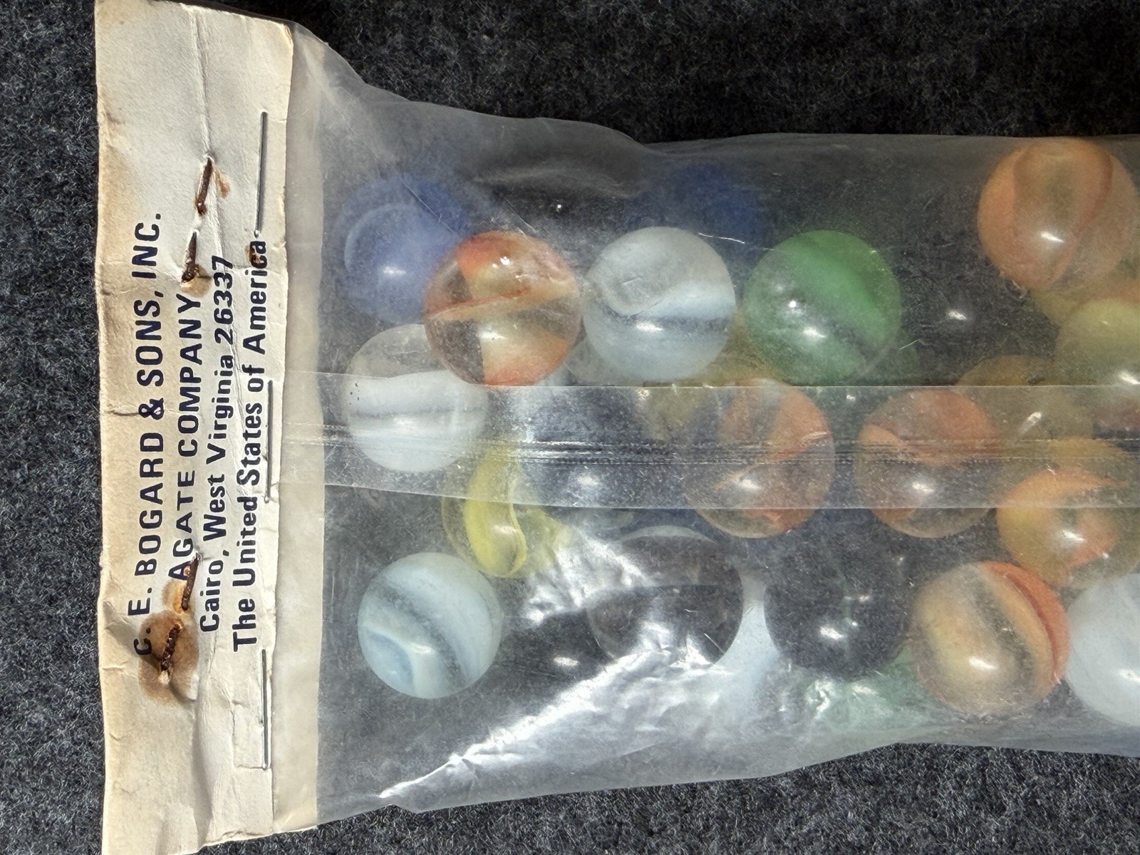 Vintage Marbles: CE Bogard 60 Ct Poly Bag Of Cateyes. Lot Of Hybrids