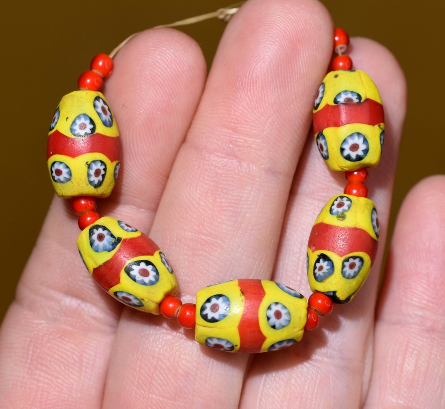 Antique Venetian Semi Oval Millefiori Glass Beads W/ Red Stripes, African Trade