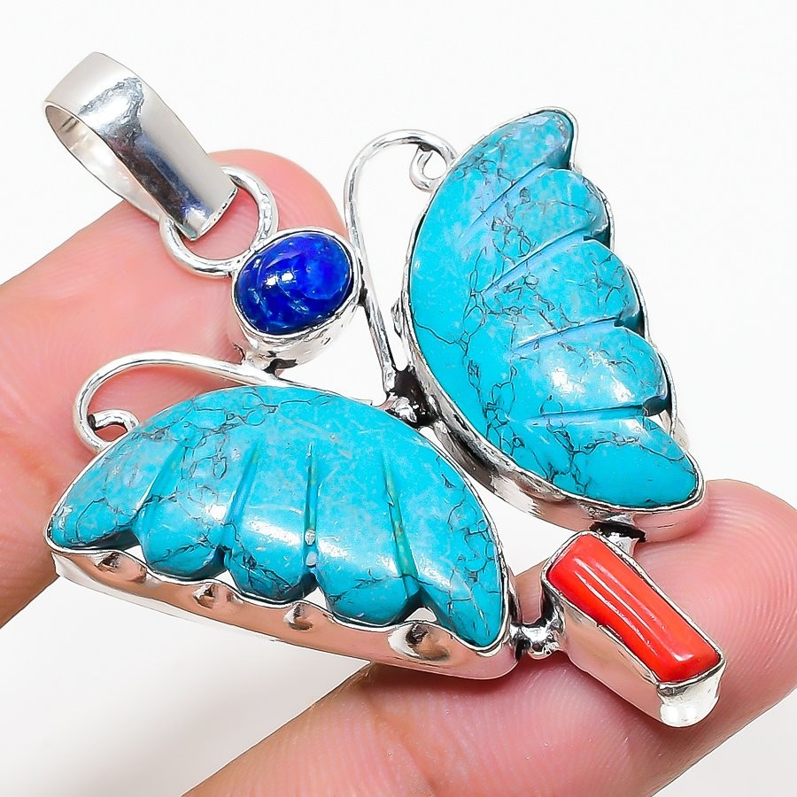 Santa Rosa Turquoise,Lapis Gemstone 925 Sterling Silver Pendant 2.09" a879