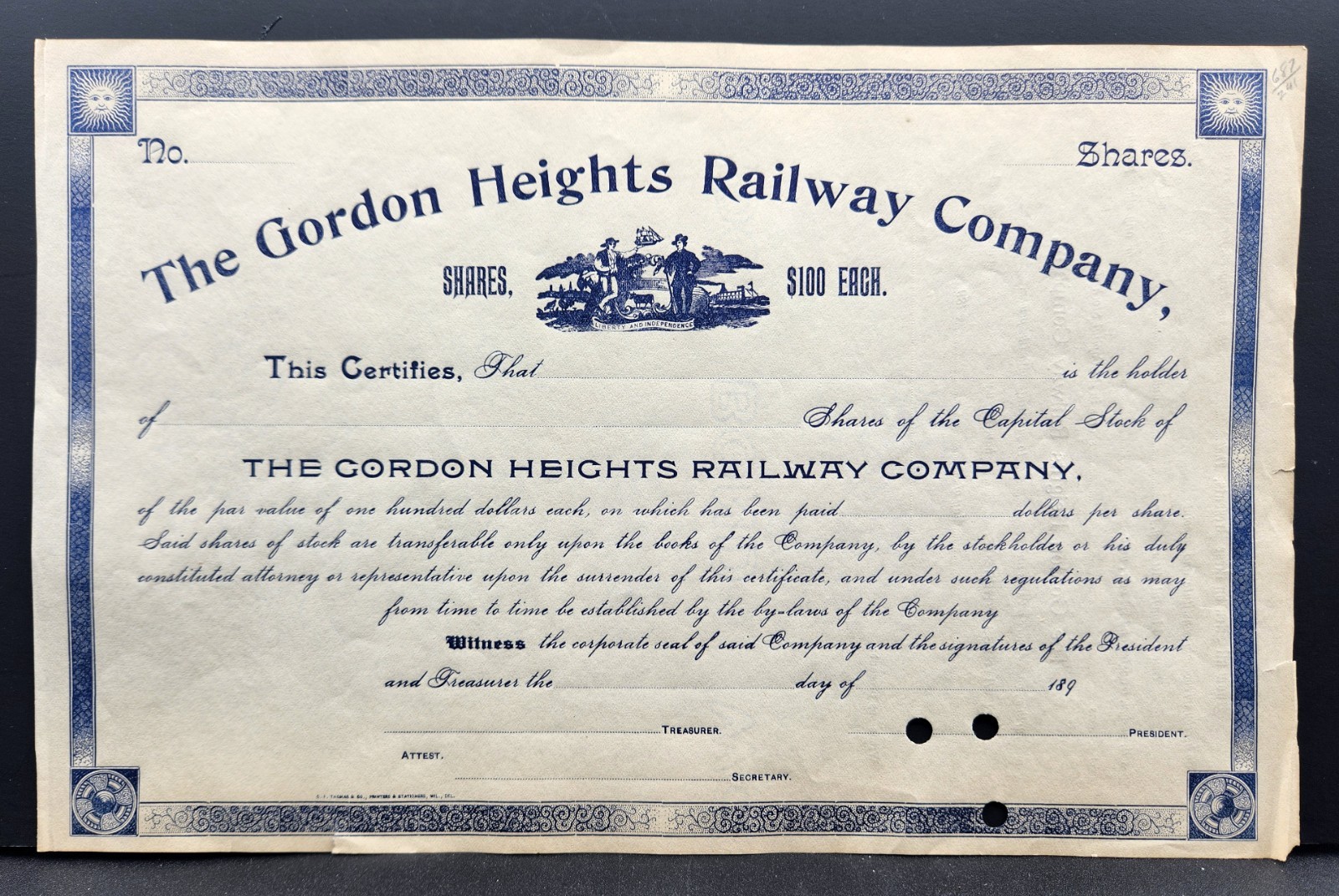 1890's Gordon Heights Railway Company Stock Certificate - Blank Unused