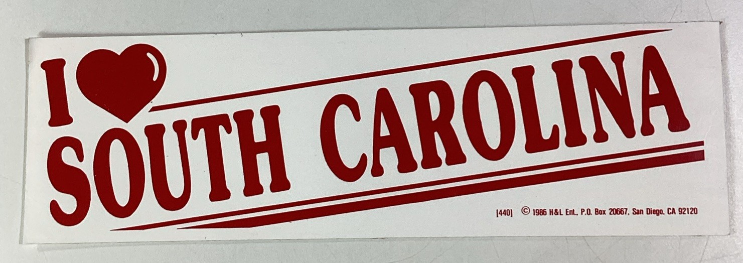 I Love South Carolina Bumper Sticker 1986 NOS San Diego USA H&L Radwood
