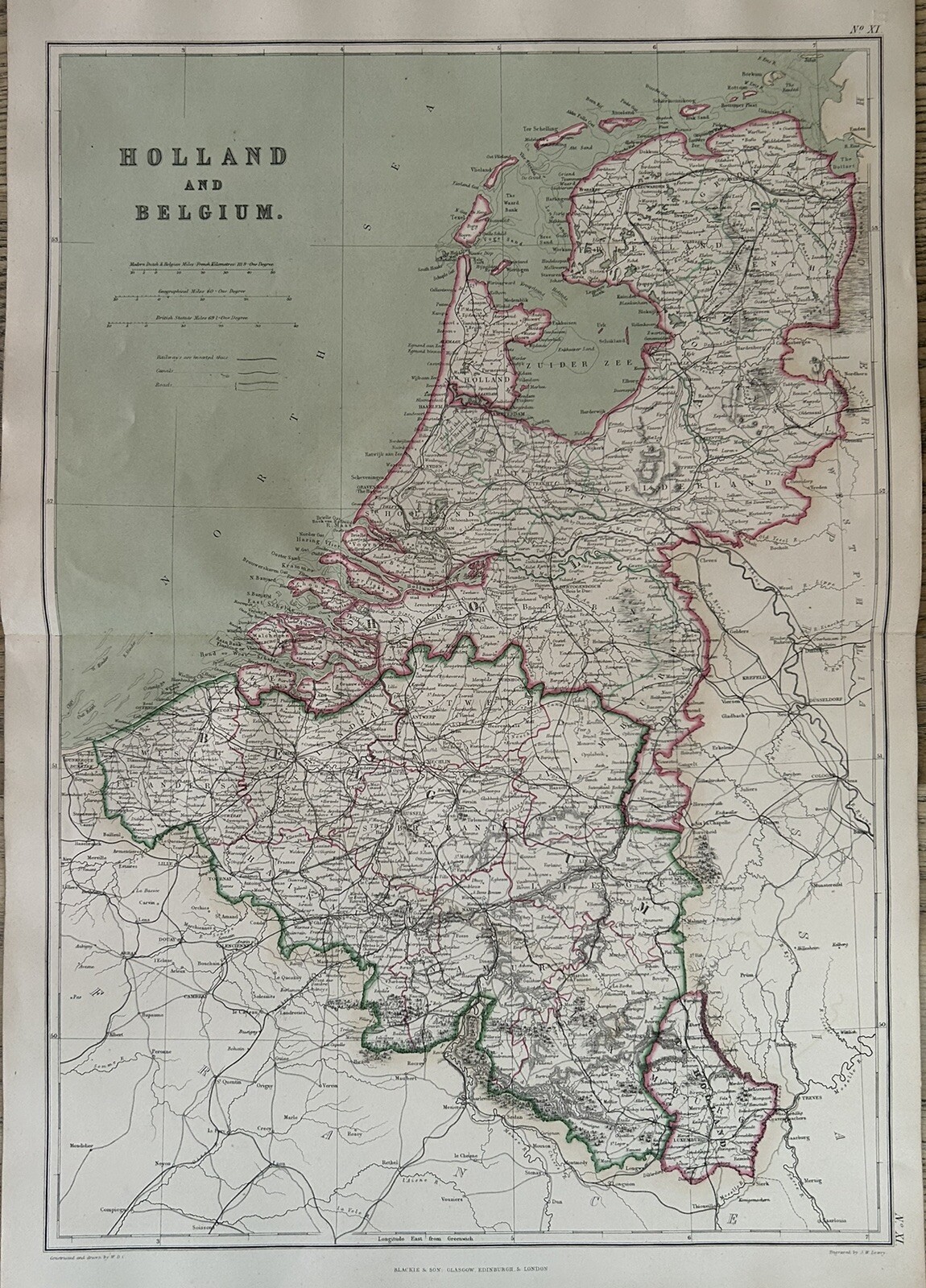 1872 Holland & Belgium Hand Coloured Original Antique Map By W.G. Blackie